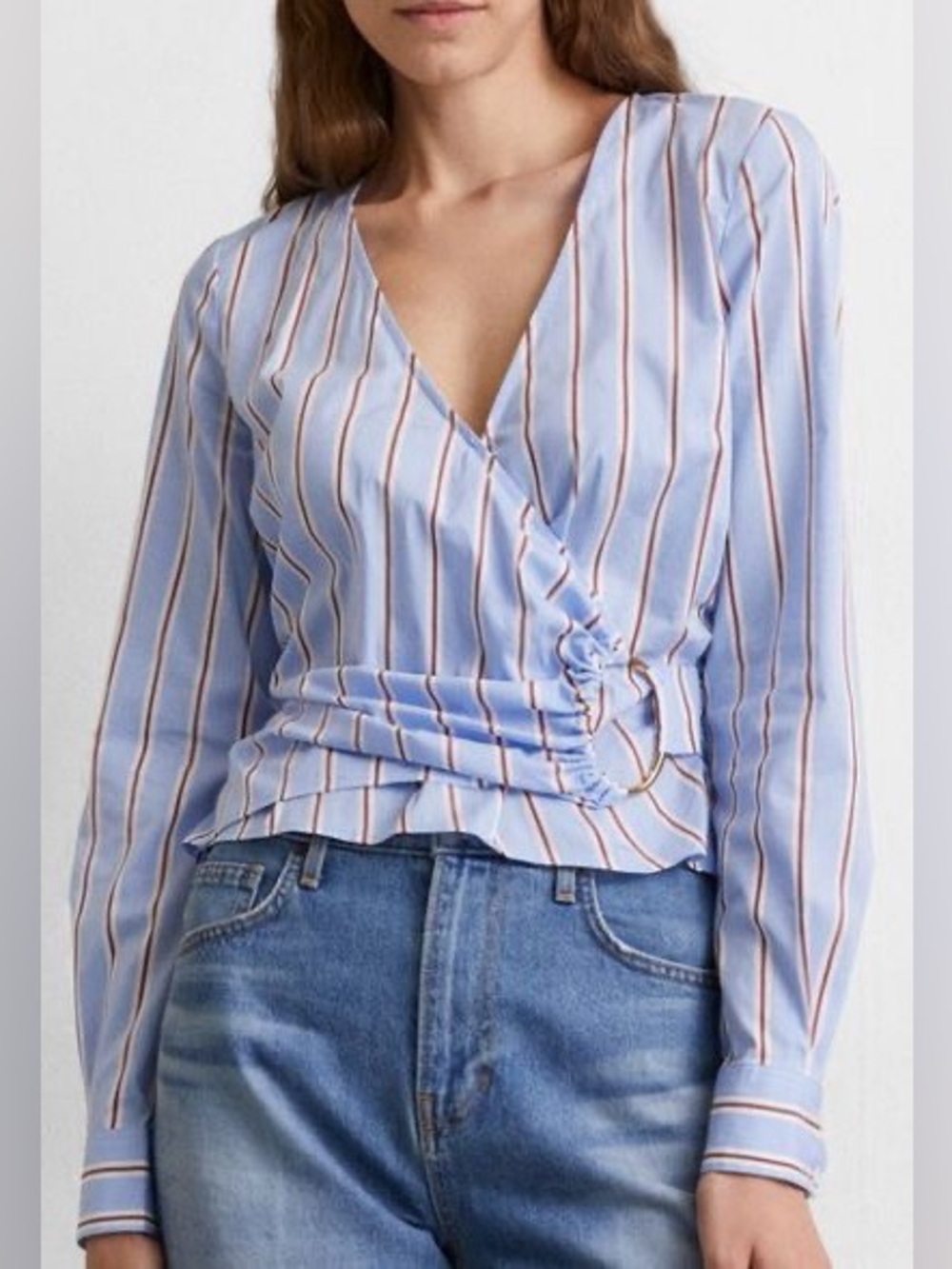 •SOLD•Veronica Beard V-Neck Longsleeve Wrap Crop Shirt Blouse Blue White Stripes